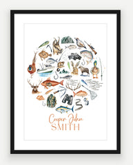 Personalised Hunting & Fishing Print - Watercolour Art Print