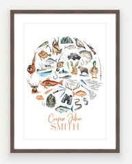 Personalised Hunting & Fishing Print - Watercolour Art Print