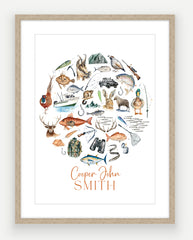 Personalised Hunting & Fishing Print - Watercolour Art Print