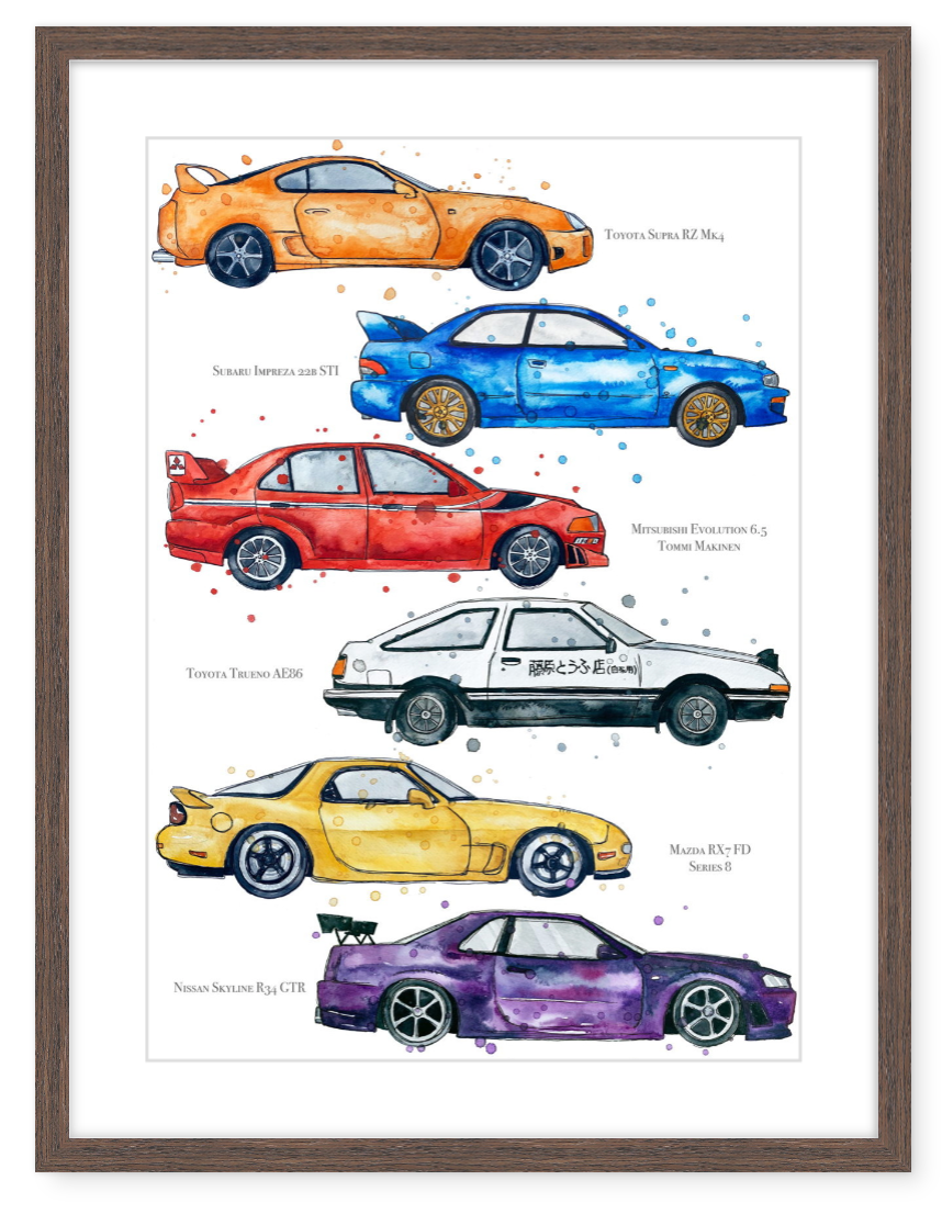 JDM Iconic Cars - Watercolour Art Print