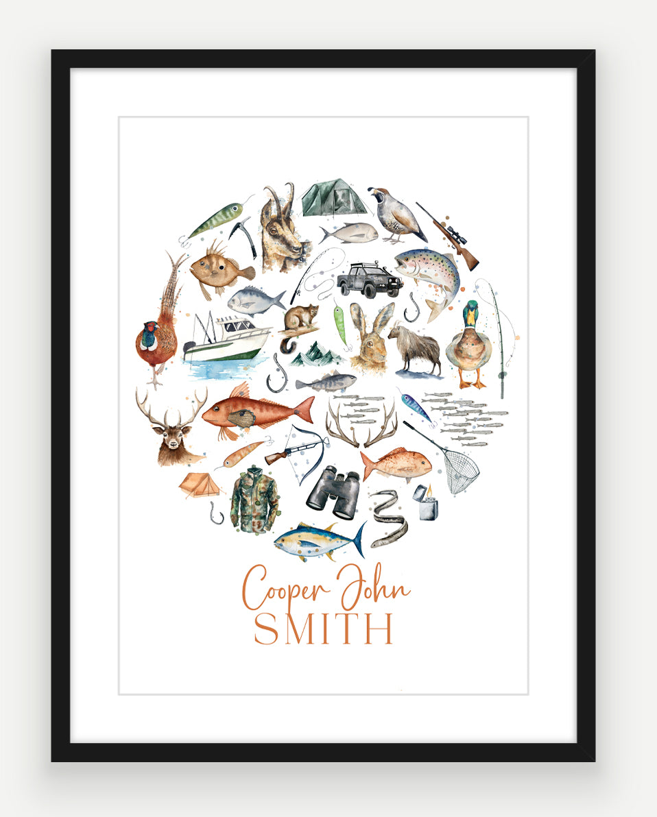 Personalised Hunting & Fishing Print - Watercolour Art Print