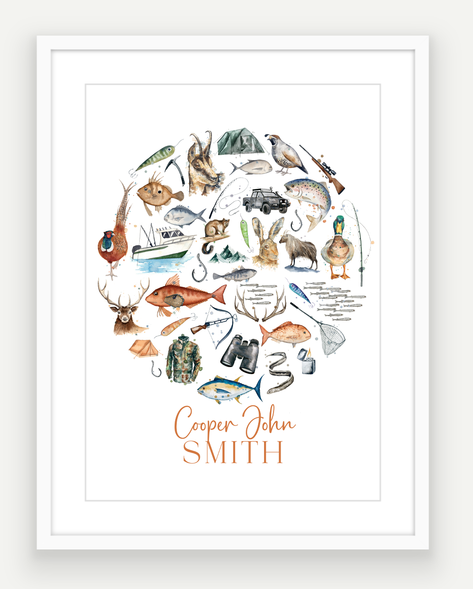 Personalised Hunting & Fishing Print - Watercolour Art Print