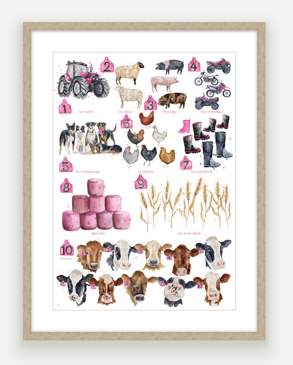 PINK Farming 123 - Watercolour Art Print - Limited Edition