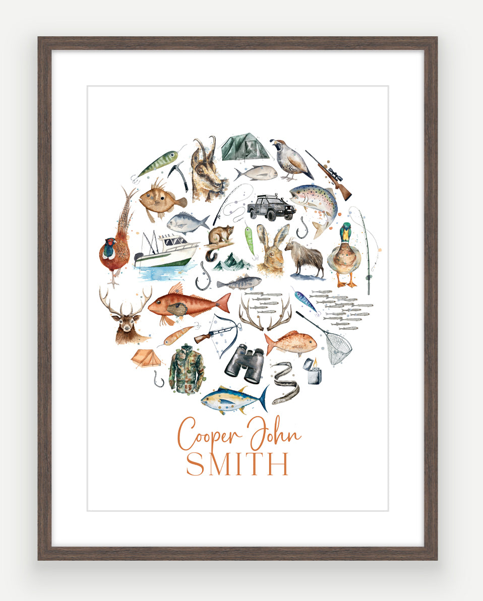 Personalised Hunting & Fishing Print - Watercolour Art Print
