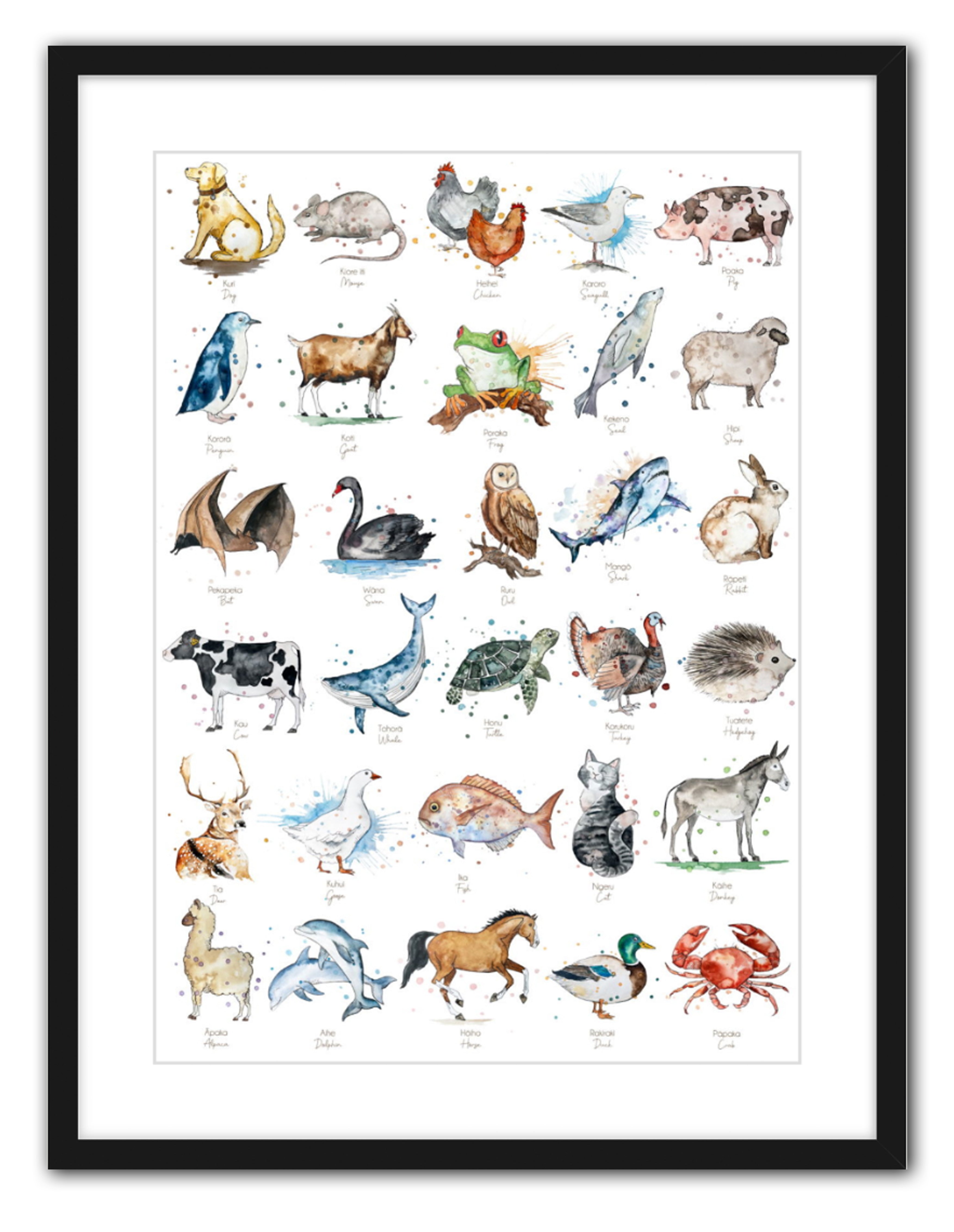 Maori & English Animals - Watercolour Print