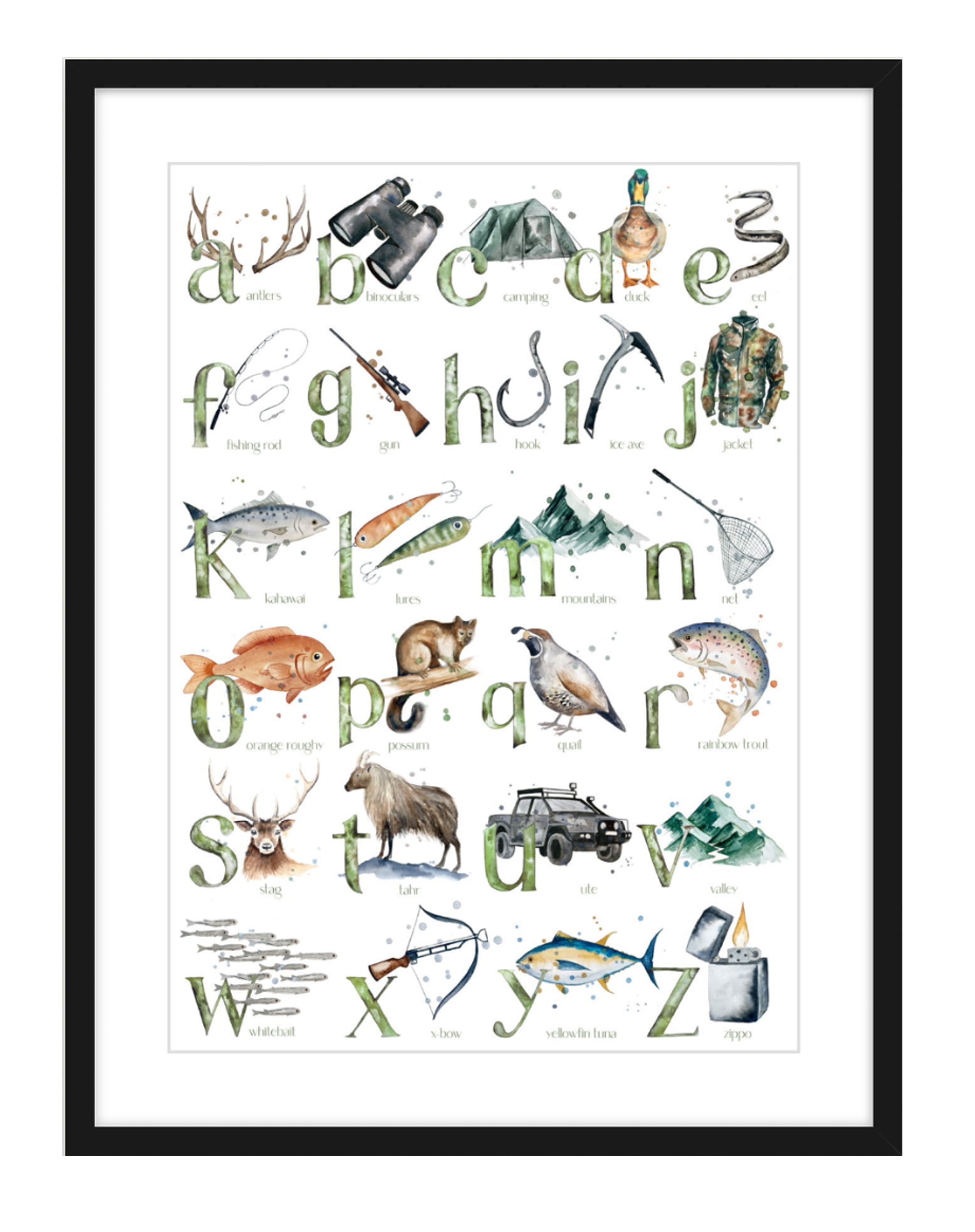Hunting & Fishing ABC - Watercolour Art Print