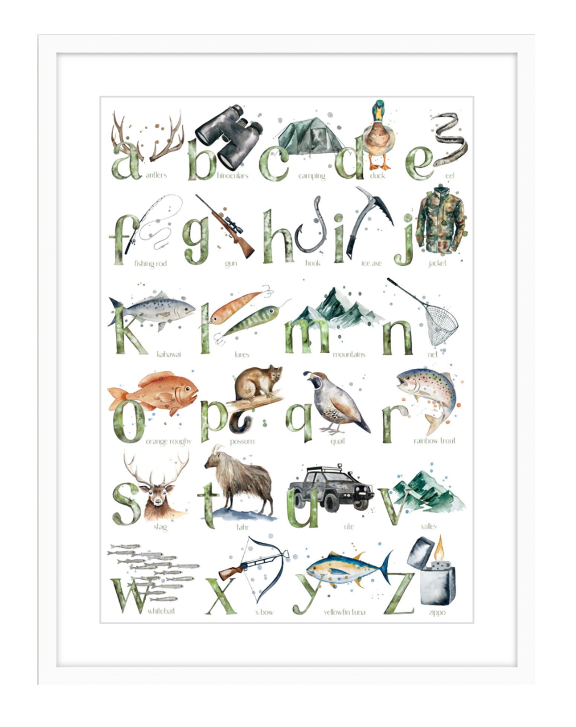 Hunting & Fishing ABC - Watercolour Art Print