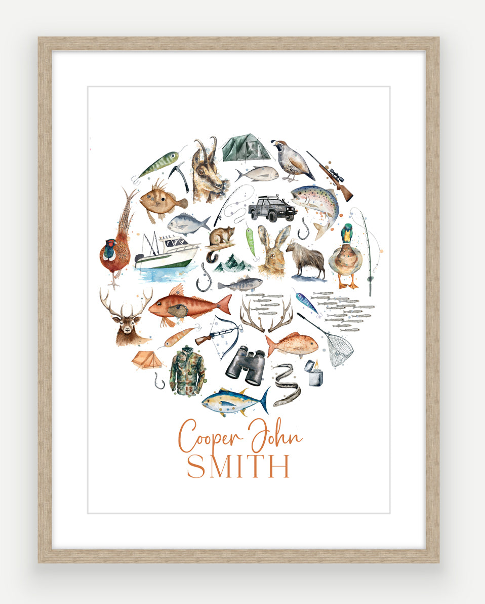 Personalised Hunting & Fishing Print - Watercolour Art Print