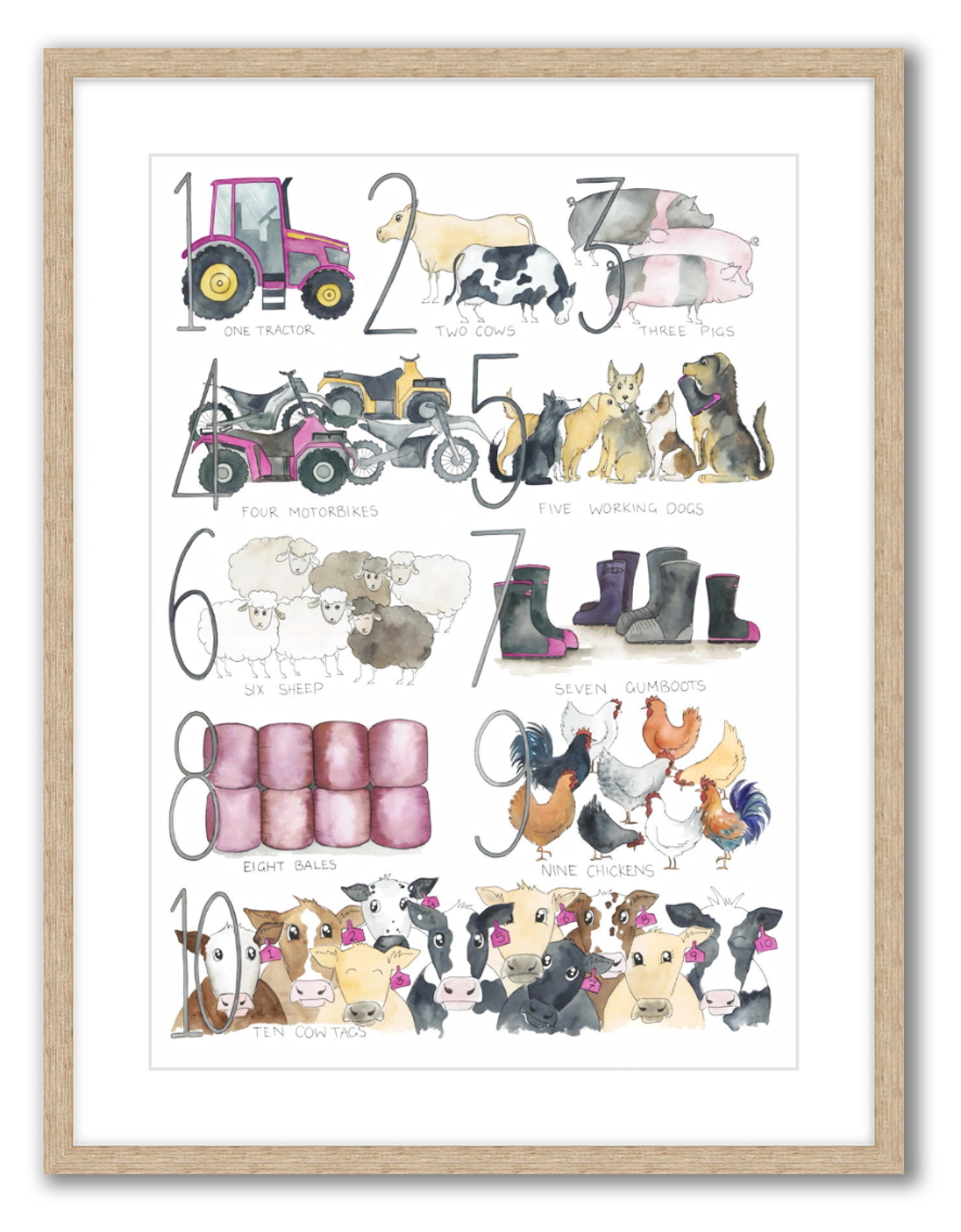 Limited Edition PINK Farming 123 - Watercolour Art Print